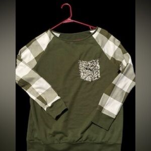 SHEIN size small green and white plaid sequins long sleeve shirt sweater